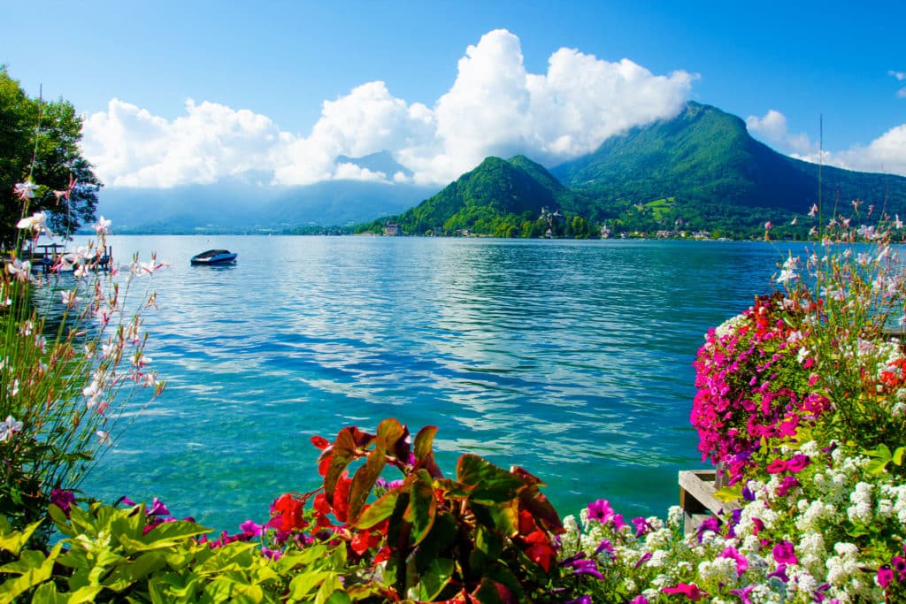 lake Annecy with flowers